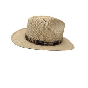 Rocha Hats Mens Tan Woven Straw Golf‎ Hat Plaid Band Unitalla Mexico Fedora